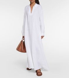 Linen Midi Dress in White - Asceno | Mytheresa Chic Linen Dress For Daywear, Chic White Linen Maxi Dress, Elegant Linen Dress For Daywear, White Linen Midi Dress For Daywear, White Ramie Linen Beach Dress, White Linen Dress For The Beach, White Ramie Linen Dress For Beach, White Linen Long Sleeve Maxi Dress, White Linen Midi Dress For Vacation