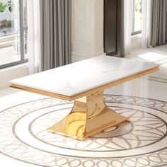 a white and gold dining table in an elegant room with large window overlooking the city