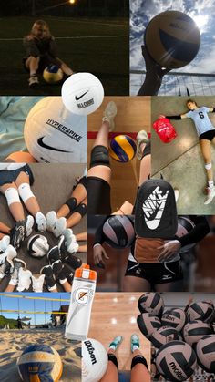 a collage of different sports images including volleyballs, gloves and ball players in various poses