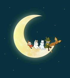 three cartoon characters are sitting on the moon