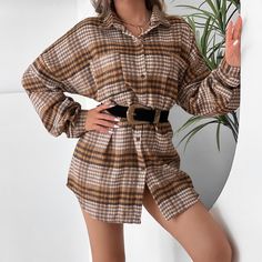 Fashion Plaid Shirt Lapel Doll Sleeve Top Dress Women Long Sleeve High Waist Y2k Dress No Belt Casual Long Sleeve Mini Dress With Pockets, Casual Beige Long Sleeve Mini Dress, Casual Button-up Winter Mini Dress, Casual Button-up Mini Dress For Winter, Casual Long Sleeve Brown Mini Dress, Plaid Long Sleeve Mini Dress For Day Out, Casual Beige Collared Mini Dress, Casual Long Sleeve Plaid Mini Dress, Fall Vintage Mini Dress For Day Out