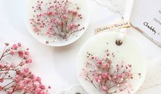 two white plates with pink flowers on them next to some greenery and a pair of scissors