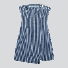 Strapless Dark Wash Mini Dress, Dark Wash Strapless Mini Dress For Summer, Trendy Striped Mini Dress, Trendy Strapless Summer Denim Dress, Chic Striped Cotton Mini Dress, Summer Mini Dress With Vertical Stripes, Trendy Strapless Cotton Denim Dress, Blue Cotton Dress With Vertical Stripes, Dark Wash Strapless Dress For Summer