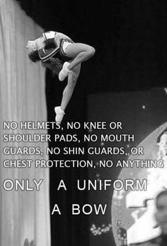 a woman is doing tricks on the balance beam with a quote above her that reads, no helmets, no knee or shoulder pads, no mouth guards, no