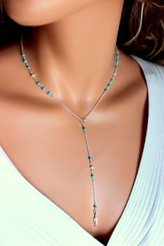 Turquoise Necklace Sterling Silver Rosary by divinitycollection Womens Necklaces Simple, Easy Necklace, Simple Necklace Designs, Womens Jewelry Trends, Stylish Necklace, Gold Jewelry Necklace, Lariat Necklace, Simple Necklace, Necklace Sterling Silver