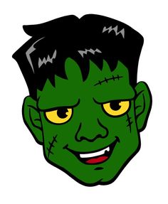 a green zombie face with yellow eyes and black hair is featured in this cartoon style