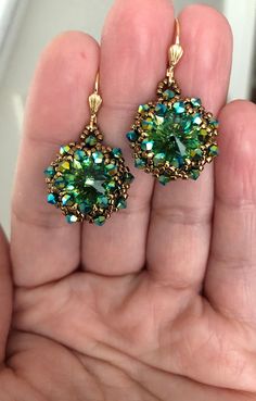 Handmade Round Crystal Earrings, Handmade Green Crystal Earrings, Handmade Crystal Earrings, Using Crystals, Peridot Green, Different Shades Of Green, August Birthstone, Green Crystal, Glass Seed Beads