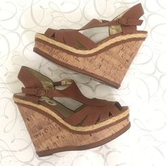 Boho Chic Platform Wedge Espadrille Sandals. Faux Leather And Braided Twine Details With A Cork-Like Appearance Platform Wedge. Ankle Buckle Strap. Excellent Conditionnew! Size 8.5 M (1.75 In Platform At Toe, 5.5 Inch Height At Heel. Brown Wedge Sandals With Cushioned Footbed For Spring, Brown Cushioned Wedge Sandals For Spring, Brown Wedge Sandals With Cork-bed Midsoles For Vacation, Brown Cork-bed Wedge Sandals For Vacation, Brown Summer Wedge Sandals With Cushioned Footbed, Brown Cushioned Summer Wedge Sandals, Brown Summer Wedge Sandals In Synthetic, Brown Synthetic Summer Wedge Sandals, Summer Brown Heels With Round Toe