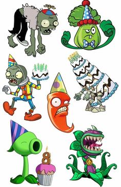 various cartoon characters with birthday hats on