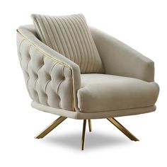 a beige chair with gold legs and a white background