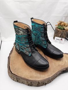 These are handmade genuine leather custom made womens boots. Made with naturel leather, suzani fabric. Ankle boots. Every size is available 6 us to 11 us, 36 eu to 43 eu. There is low heel 1 inches, 2.5 cm. Black leather and ethnic pattern on boots. Custom boots. Very comfy and healty useful. If you have any questions please contact with us. We have door to door express shipping service. bemyboots.etsy.com Thank You Turquoise Leather Boots With Round Toe, Bohemian Blue Boots With Round Toe, Blue Bohemian Boots With Round Toe, Blue Bohemian Round Toe Boots, Open Heel Shoes, Womens Fall Boots, Ankle Leather Boots, Medieval Boots, Festival Boots