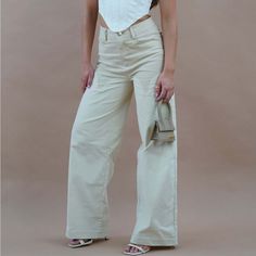 Sonia Contrast Wideleg Cargo Pants - Sand Cream Cotton Wide Leg Pants For Spring, Chic High Rise Cotton Cargo Pants, Beige Trousers For Summer Work, Beige Summer Work Trousers, White Non-stretch Wide-leg Pants, Baggy High Waist Cotton Work Pants, Spring Straight Leg Non-stretch Work Pants, High Rise Beige Cotton Cargo Pants, Beige High Waist Wide Leg Cotton Pants