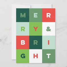 merry and bright christmas card with green, red, white and green squares on it