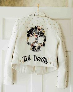 Custom painted leather // hand-painted flower skull with Til Death lettering // Once Upon a Laurén on Etsy Untraditional Wedding, Birch Grove, One Day Bridal, Vermont Wedding, Wedding Jacket, Embellished Jacket, Full Circle Skirts, Vegas Wedding, Wedding Weekend