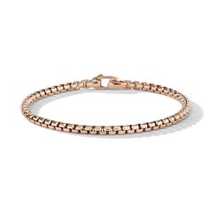 Box Chain Bracelet in 18K Rose Gold, 2.7mm, Size Medium Luxury Tarnish-resistant Bracelets With Rectangular Links, Timeless Formal Bracelet With Box Chain, Luxury Tarnish-resistant Link Bracelet, Classic Rose Gold Metal Bracelets, Classic Rose Gold Tarnish-resistant Bracelet, Luxury Sterling Silver Chain Bracelet, Tarnish Resistant, Luxury Sterling Silver Chain Bracelet Tarnish Resistant, Elegant Metal Chain Bracelet With Polished Finish, Timeless Box Chain Bracelet For Everyday Luxury