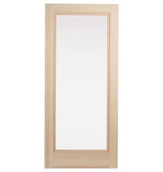 a wooden door with white glass on the top and bottom panel, in front of a white background