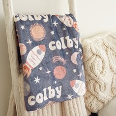 blue space explorer personalized kids blanket Kids Blanket, Navy Blanket, Cuddling On The Couch, Super Soft Blanket, Personalized Gifts For Kids, Kids Blankets, Space Print, Personalised Blankets, Minky Fabric