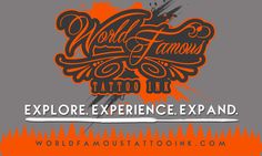 the world famous tattoo expo logo on an orange and gray background with black lettering that says,