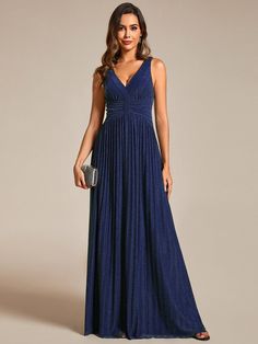 Glittery Sleeveless  Pleated Empire Waist A-Line Formal Evening Dress #color_Navy Blue Moh Dress, Shimmery Fabric, Goddess Gown, Exquisite Gowns, Formal Evening Dress, Ever Pretty, Vestido Casual, Dress Formal, Floor Length Dresses