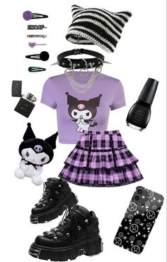 Kuromi Inspired Outfit, Cheap Aesthetic, Kuromi Outfit, Kuromi Clothes, Sanrio Outfits, Purple Gloves, Baby Sensory Play