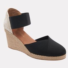 Comfortable Ankle Strap Wedge Sandals For Beach, Comfortable Espadrille Wedge Heel Sandals, Black Closed-toe Straw Espadrilles, Black Closed Toe Straw Espadrilles, Black Straw Wedge Heel Espadrilles, Straw Wedge Heel Sandals, Cushioned Medium Width Wedge Sandals For Beach, Comfortable Straw Wedge Heel Sandals, Black Wedge Sandals With Woven Straw Sole