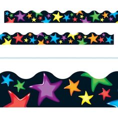 colorful stars on black and white background with blue border for borders, paper decorations or wall hangings