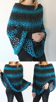 a woman wearing a blue and black crocheted ponchy shawl with one side open