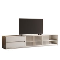 an entertainment center with two drawers and a flat screen tv mounted on top of it