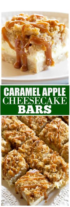 caramel apple cheesecake bars on a white plate with text overlay that reads, caramel apple cheesecake bars