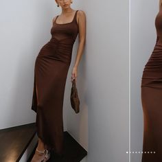 Meshki Mesh Panelled Midi Dress - Dark Brown Meshki Dresses, Purple Two Piece, Fishtail Dress, Ruffle Midi Dress, Dark Brown Color, Knit Midi, Green Satin, Knit Midi Dress, White Midi Dress