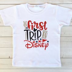 You've been asking and we delivered!  Vacation...here we come  This sweet shirt lets the whole world know that this is your first trip to **you tell us**;)  "My First Trip to **you customize**", which is done in Red, Black and Gold vinyl!  We also have a matching shirt for the little girls too!  Change the shirt color if you want!  Shirts are true to size.  Handmade in America with premium imported cotton.  Wash shirt inside-out in warm water; lay flat or hang to dry. Do not use fabric softener. Do not apply iron to decorated areas.  PLEASE NOTE: My Darling Bee, LLC does NOT, nor any of the members or employees therein, claim ownership of any characters or words related to them found on our clothing. Our fees only cover the time spent customizing and decorating clothing. My Darling Bee doe My First Disney Trip Shirt Boy, First Cruise Shirt, First Cruise, Matching Family Shirts, Disney Trip Shirts, Baby Boy Shirts, Cruise Shirt, Family Vacation Shirts, Sweet Shirt