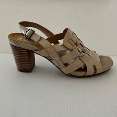 Excellent Unworn Condition Slingback Open Toe 3” Stacked Heel Buckle Closure With Black Buckle Leather Upper; Balance Manmade Cushioned Footbed Casual Beige High Heel Slingback Sandals, Cream Closed Toe Slingback Pumps For Summer, Summer Slingback Pumps With Stacked Heel And Closed Toe, Beige T-strap Sandals With Open Heel, Beige High Heel Slingback Sandals With Buckle Closure, Beige Closed Toe Slingback Sandals With Heel Strap, Elegant Adjustable Slingback Sandals For Spring, Elegant Spring Adjustable Slingback Sandals, Summer Slingback Pumps With Block Heel And Strap