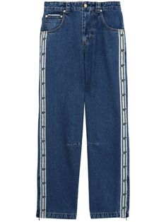 indigo blue cotton blend mid-wash denim logo-tape detailing logo patch to the rear belt loops high-rise wide leg concealed fly and button fastening ankle zips classic five pockets Titan Logo, Logo Azul, Detailing Logo, Logo Items, Jeans Wide, Wide Leg Denim, Indigo Blue, Colored Jeans, Denim Wash