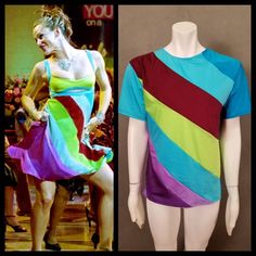 "Inspired by Jennifer Garner's dress in the \"Thriller\" dance scene from the movie 13 going on 30 I created this t-shirt for men It is made with 100% Shimmering Lycra with a 4-way stretch The colors are light purple, purple, light blue, lime, burgundy, turquoise Made to order sizes: S- 34-36\" Chest, 28-30\" Waist M- 38-40\" Chest, 32-34\" Waist L- 42-44\" Chest 36-38\" Waist **There is about a 2\" ease for each size Please allow about 1-2 weeks delivery ( I need a few days to have fabric order Fitted Multicolor T-shirt For Summer, Fitted Multicolor Summer T-shirt, Fitted Multicolor Tops For Pride, Multicolor Fitted Tops For Pride, Cotton Summer Dance Tops, Fitted Tops For Pride, Fitted T-shirt For Summer Dance, Cotton Tops For Summer Dance, Fitted Crew Neck Top For Dance