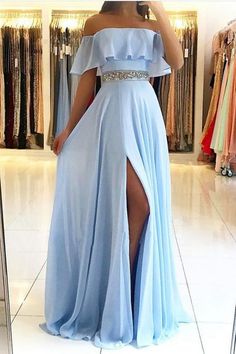 SSR382,blue off the shoulder strapless short sleeves split beaded chiffon evening dress · SheSheRose · Online Store Powered by Storenvy Sky Blue Prom Dress, Dress School, Off Shoulder Evening Dress, Cheap Prom Dresses Long, Trendy Prom Dresses, Blue Evening Dresses, Chiffon Evening Dresses, School Dance, Winter Formal