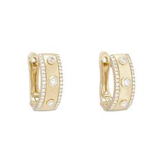 These huggie style hoop earrings feature a high-polish center with bezel diamond accents, as well as borders of round brilliant cut diamonds. All total 0.31 carats. Diamonds Direct, Bezel Diamond, Ear Jewelry, Round Brilliant Cut Diamond, Round Brilliant, Borders, Hoop Earrings, Diamonds, Collage