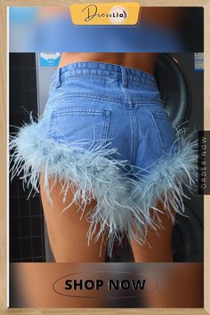 High Waist Feather Fur Patchwork Denim Shorts High Waist Blue Shorts For Fall, Trendy Blue Jean Shorts For Fall, Blue Short Bottoms For Fall, Blue Trendy Shorts For Fall, Trendy Blue Shorts For Fall, Trendy Blue Fall Shorts, Patchwork Denim, Denim Patchwork, 1 Million