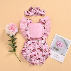 2-piece Ruffle Floral Printed Bodysuit & Headwear for Baby Girl Wholesale children's clothing - PrettyKid Cute Fitted Summer Sets, Pink Onesie For Summer, Pink Cotton Summer Onesie, Sweet Bubble Romper For Summer Playwear, Sweet Cotton Onesie For Summer, Sweet Summer Cotton Onesie, Pink Ruffled Beach Sets, Sweet Pink Bubble Romper For Summer, Fitted Summer Sets For Playtime