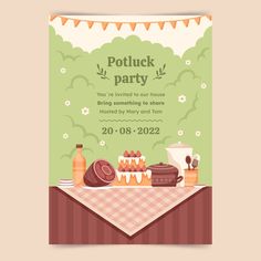 a potluck party poster with food on the table and bundts around it