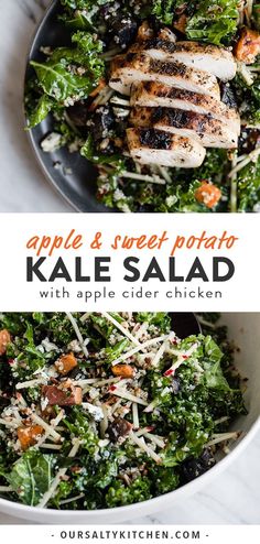 kale and apple chicken salad with shredded parmesan cheese