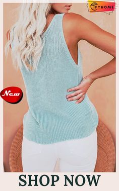 Sky Blue Knit Tank Top Blue Sleeveless Casual Sweater, Trendy Blue Sleeveless Sweater, Trendy Sleeveless Blue Sweater, Casual Blue Solid Color Cardigan, Casual Solid Color Blue Cardigan, Blue Sleeveless Knit Sweater, Light Blue Knit V-neck Top, Blue Soft Knit V-neck Top, Blue Sleeveless Sweater For Spring