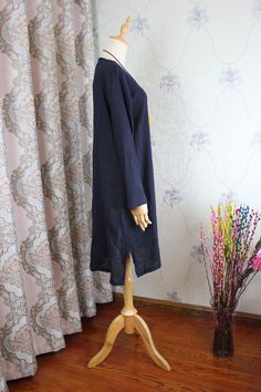 "【Fabric】 linen 【Color】 dark blue 【Size】 Shoulder width 43cm / 17\" Sleeve length 56cm/ 22\" Big arm circumference 33cm/ 13\" Bust 110cm / 43\" Length 95-100cm / 37-39\" Have any questions please contact me and I will be happy to help you." Blue Linen Midi Length Dress, Blue Midi Linen Dress, Lagenlook Linen Dress With Long Sleeves, Blue Linen Long Sleeve Midi Dress, Blue Long Sleeve Linen Midi Dress, Ramie Long Sleeve Lagenlook Dress, Blue Linen Long Sleeve Dress, Blue Long Sleeve Linen Dress, Womens Linen Dress