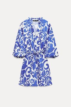 PRINTED POPLIN DRESS - Blue / White | ZARA United States Spring V-neck Dresses With Belted Cuffs, Spring V-neck Belted Dress For Daywear, Spring Half Sleeve Belted Dress, Casual Spring Dress With Belted Cuffs, Summer Midi Dress With Belt And 3/4 Sleeves, Spring Belted Midi Dress By Zara, Spring Zara Belted Dress, Zara Belted Dresses For Spring, Zara Finds