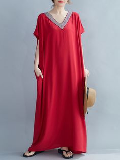 Elasticity:Non Strech,Sleeve Style:Butterfly Sleeve,Fabric Type:Hemp,Pattern Type:Solid,Fit Type:LOOSE,Silhouette:A-LINE, Butterfly Sleeves, Beach Dress, Sleeve Styles, Red Dress, Solid Color, V Neck, Red, Pattern, Fabric