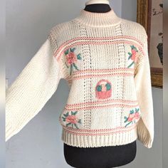 The Absolute Cutest Sweater With Raised Floral Knit Detail Striped With Ribbed Neck And Cuffs, Soft 55 Ramie And 45 Acrylic Blend Made In Korea , Marked Small Mock Neck, Has Natural Stretch Basket With Floral And Floral Bouquet Detail, Wow! Hand Wash Lay Flat To Dry For Longevity Sweaters Vintage, Floral Sweater, Floral Knit, Cute Sweaters, Floral Bouquets, Colorful Sweaters, Lay Flat, Mock Neck, Sweaters For Women