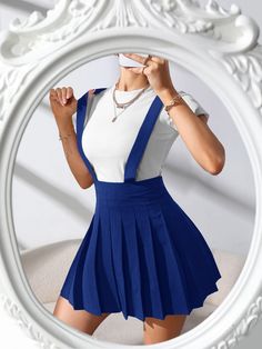 Royal Blue Casual Collar  Fabric Plain Pinafore Embellished Non-Stretch Summer Women Clothing Pleated Suspender Skirt, Cheap Blue Pleated Mini Skirt, Scoops Ahoy Uniform Skirt, Suspenders Skirt Outfits, Knight Outfit, Ankara Skirt, Black And White Baby, Women Skirts, Suspender Skirt