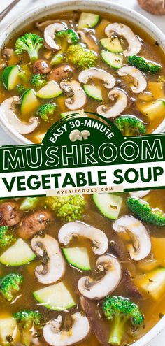 mushroom vegetable soup with broccoli in a white bowl