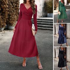 Women's Fashion Solid Color Autumn Elegant V-neck Long Sleeve Maxi Dress Casual V-neck Winter Maxi Dress, Casual V-neck Maxi Dress For Winter, Casual Winter Maxi Dress V-neck, Winter Solid Color V-neck Maxi Dress, Winter V-neck Maxi Dress Solid Color, V-neck Solid Color Midi Dress For Winter, Winter V-neck Solid Color Midi Dress, V-neck Winter Dresses, Winter V-neck Maxi Dress