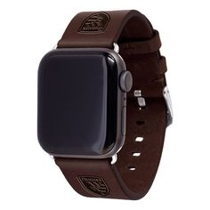 an apple watch with brown leather band