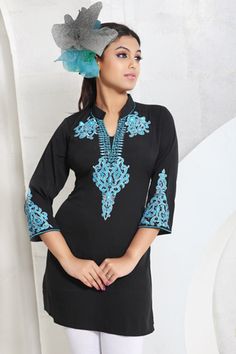 Tunic top for Women Black Tunic Embroidered  Plus Size Tunic, Dress, Trendy Black Tunic, perfect resort wear, boho wear,  black boho tunic Fabrics Black crepe  Mandarin  collar neck  Neck multi color embroidery work. Sleeve:  long sleeve  Wash Care: 🔸Machine wash or gentle hand wash in cold water. ---- Custom orders are available ---- 🔸We are a custom Design shop! Please contact us if you would like us to customize the tops for your measurements. We will be glad to do so! If You like our produ Black Tunic Blouse For Vacation, Traditional Black V-neck Blouse, Black Tunic Blouse For Beach, Fitted Black Spring Kurta, Fitted Black Kurta For Summer, Traditional Black Embroidered Top, Black Top With Intricate Embroidery, Black Embroidered Tunic Blouse, Beach Blouse With Intricate Embroidery